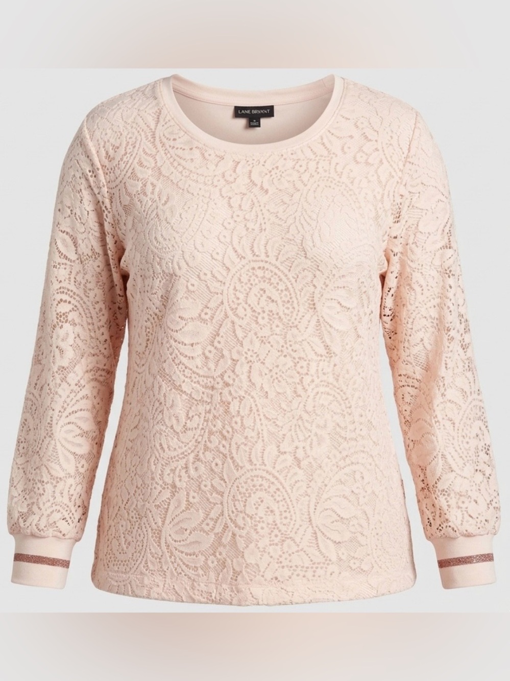 Lane Bryant Pale Pink Lace Long Sleeve Blouse Top Glitter Stripe Cuffs 14/16